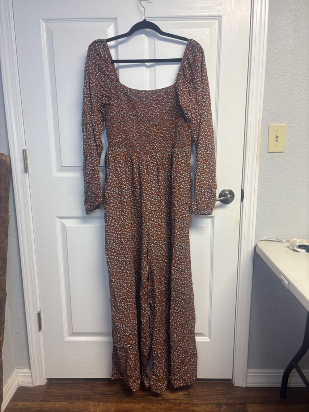 Rust Floral Long Sleeve Jumpsuit with Smocked Bodice